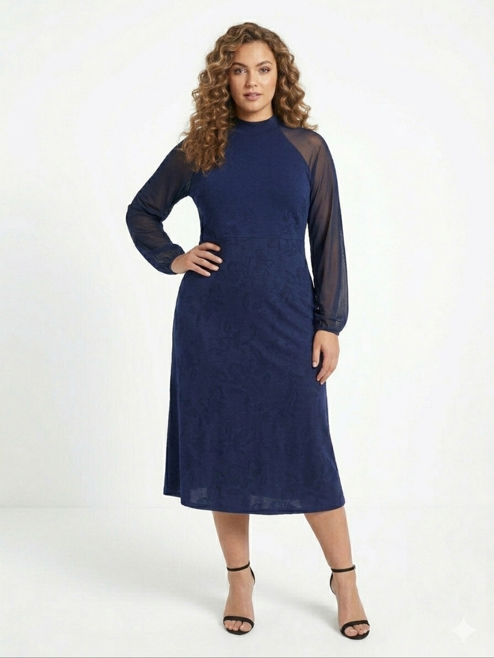 WHBM Blue Embossed Floral Midi Sheer Mesh Sleeves
